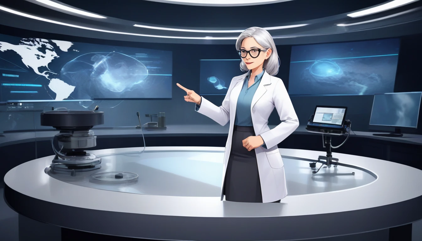 
television studio, modern decor, sophisticated environment, round glass table, elegant presenter, suit, microphone, experts, Dr. Miguel, white coat, stethoscope, engineer, dark suit, tablet, scientist, lab coat, protective glasses, Professor Charlotte Miller, gray hair, skirt and blazer set, respectable figure, high technology, screens, graphics, nanotechnology images, atmosphere of innovation, concentrated expressions, inviting gesture, attentive audience