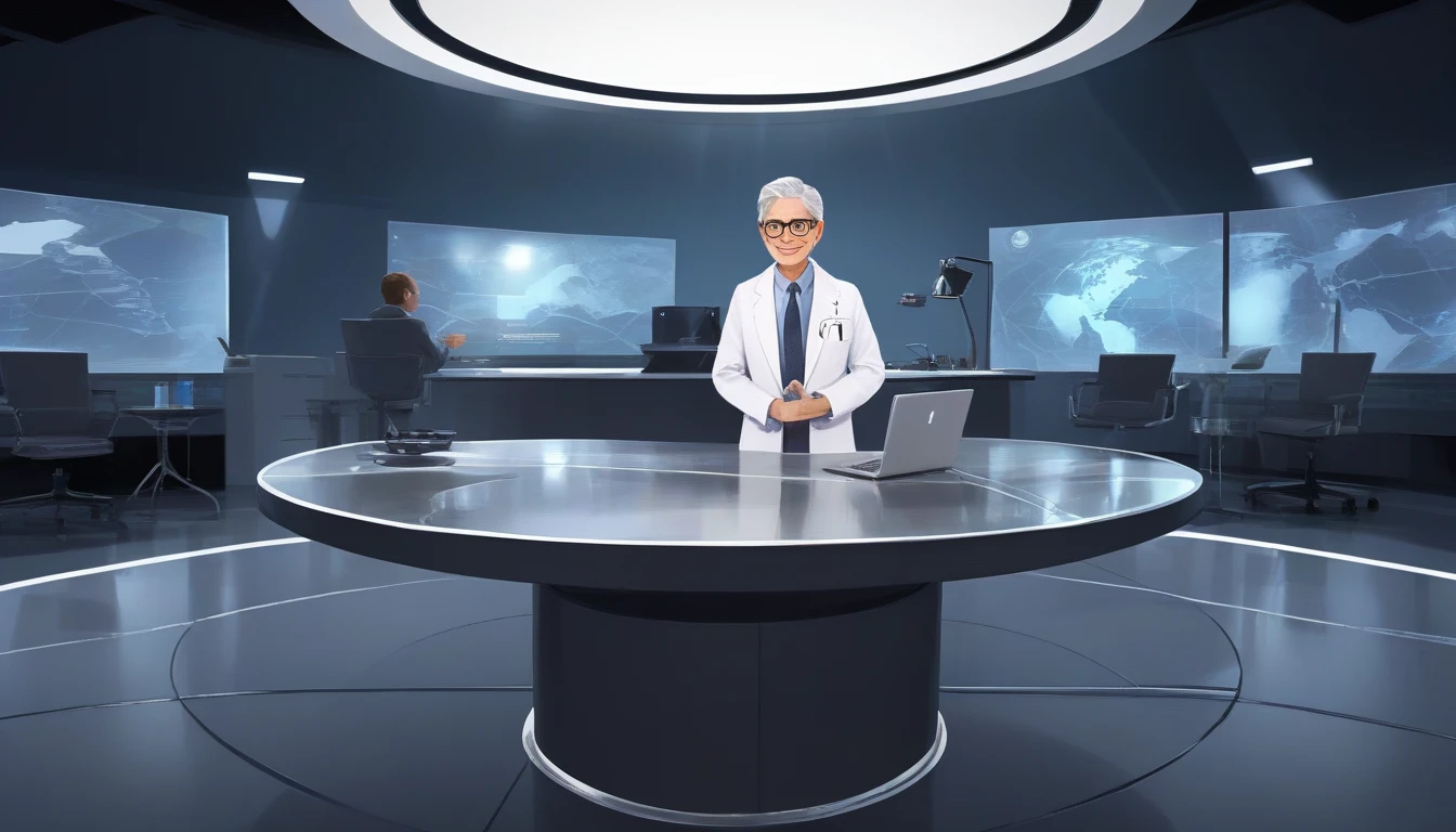 television studio, modern decor, sophisticated environment, round glass table, elegant presenter, suit, microphone, experts, Dr. Miguel, white coat, stethoscope, engineer, dark suit, tablet, scientist, lab coat, protective glasses, Professor Charlotte Miller, gray hair, skirt and blazer set, respectable figure, high technology, screens, graphics, nanotechnology images, atmosphere of innovation, concentrated expressions, inviting gesture, attentive audience