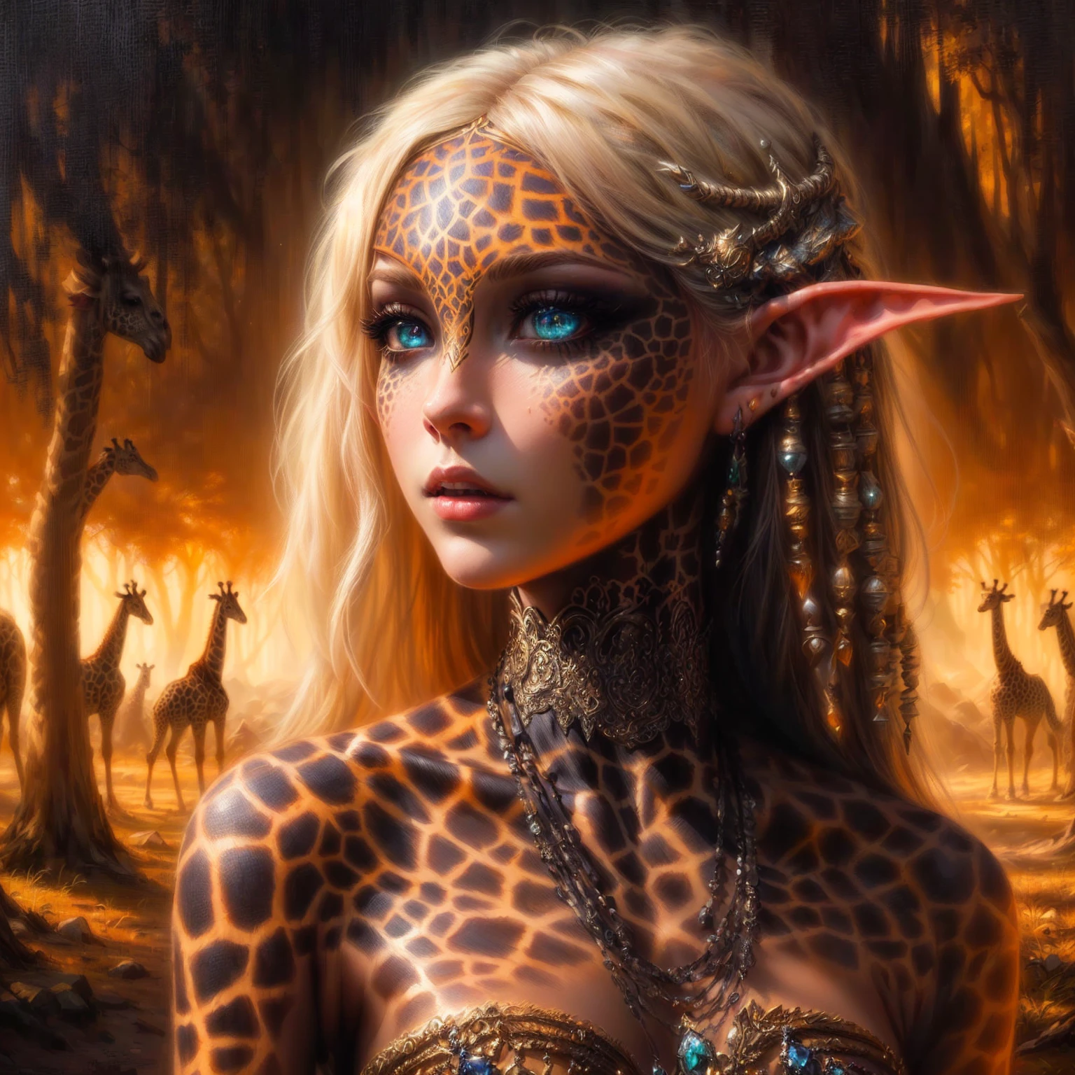 Painting of a woman with giraffe skin and headdress in a forest, amazing fantasy art, hyperrealistic fantasy art, detailed matte Fantasy portrait, Subscribe to, realistic fantasy painting, fantasy art portrait, Fantasy portrait, Fantasy portrait art, realistic fantasy artwork, Portrait of an elf queen, detailed fantasy digital art, fantasy art, detailed fantasy art, Portrait of an elf