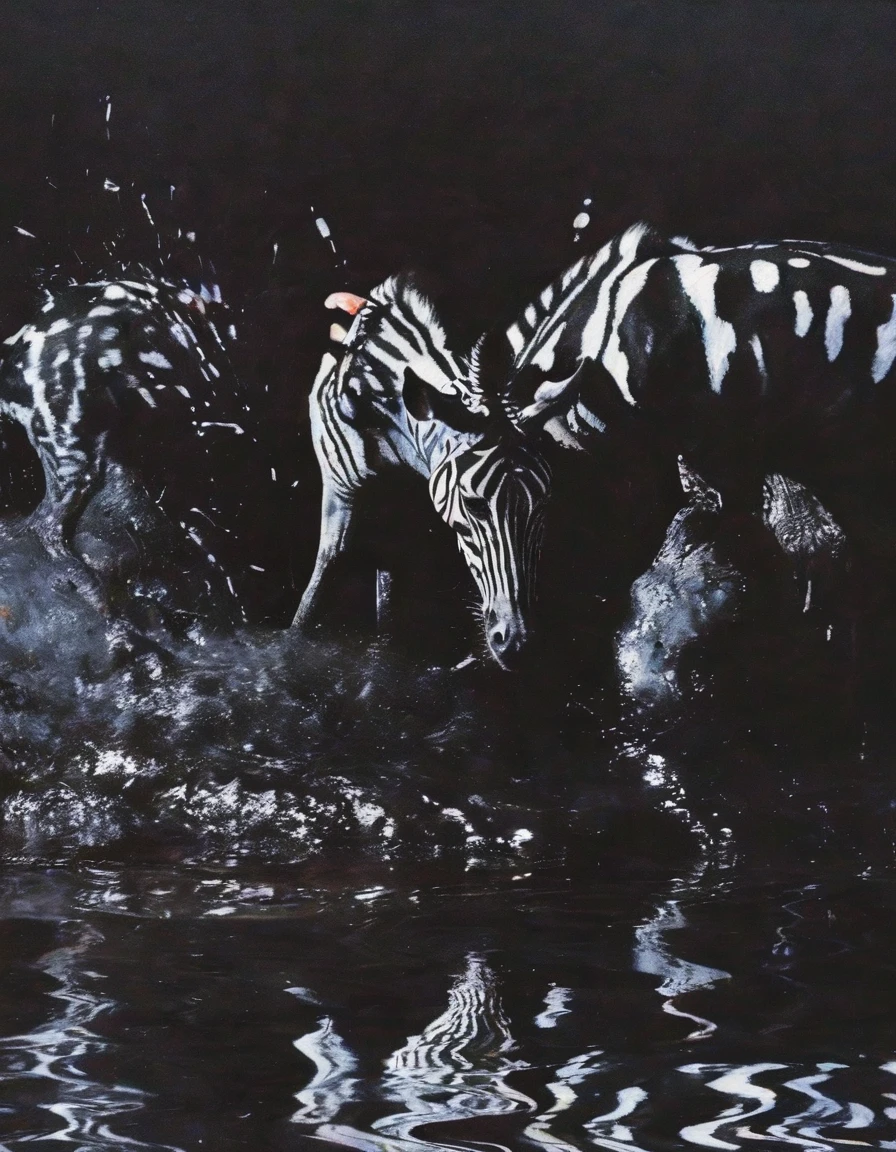 zebras kissing in black water, sunset background