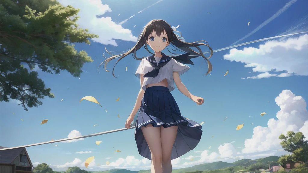 (masterpiece),  town,  blue sky,  One Girl,  smile,  alone,  Sailor suit、Long skirt,  Overgrown,  petal,  plant、Skirt lining、Translucent slip、Nostalgic、Strong winds、Skirt fluttering in the wind