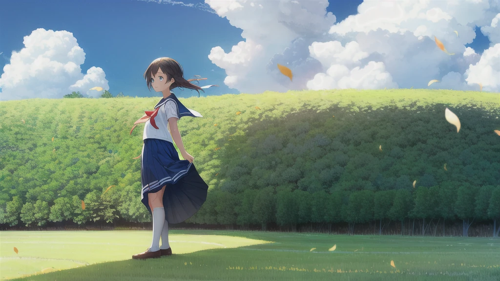 (masterpiece),  town,  blue sky,  One Girl,  smile,  alone,  Sailor suit、Long skirt,  Overgrown,  petal,  plant、Skirt lining、Translucent slip、Nostalgic、Strong winds、Skirt fluttering in the wind