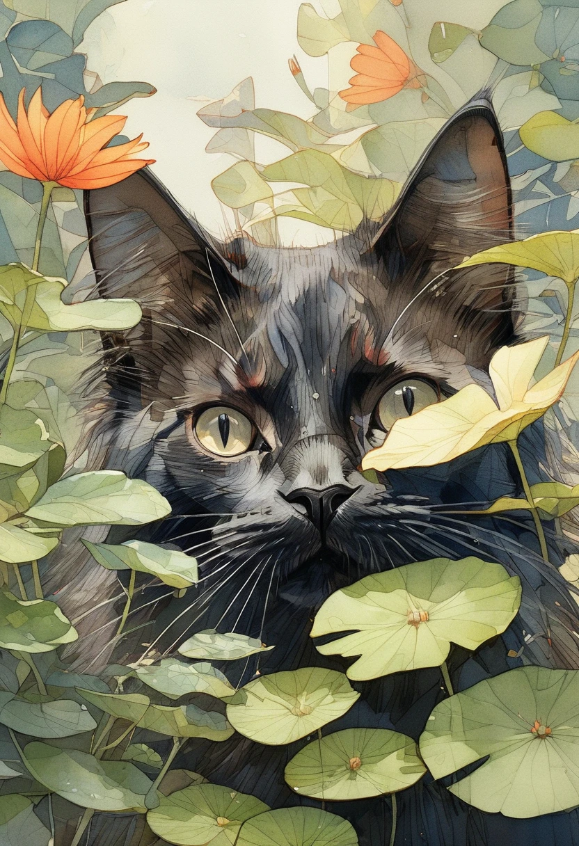 (Highest quality:0.8), (Highest quality:0.8), Perfect illustration,Close-up portrait of a black cat、garden