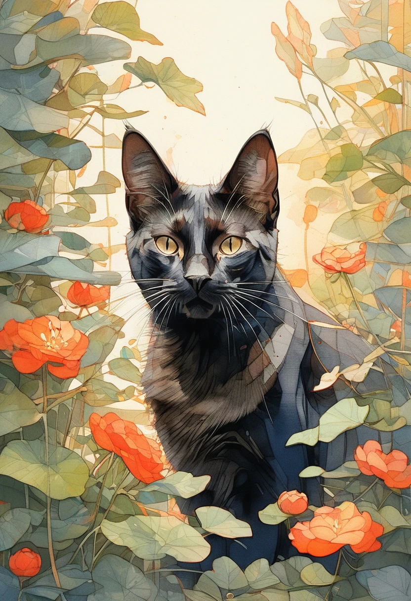 (Highest quality:0.8), (Highest quality:0.8), Perfect illustration,Close-up portrait of a black cat、garden