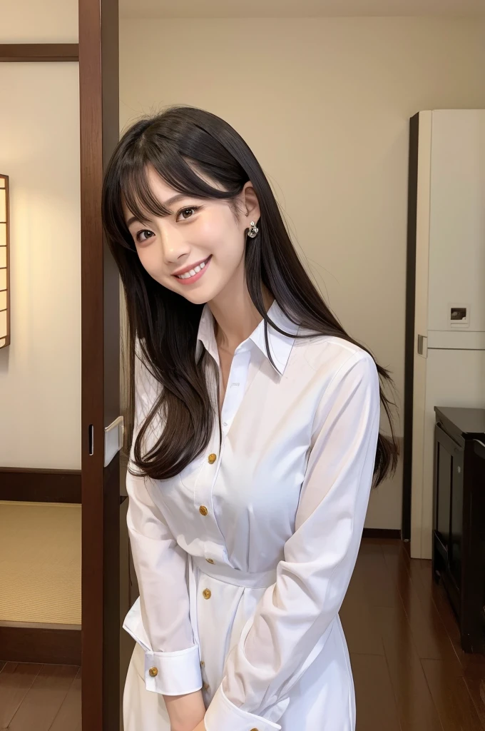 Masterpiece, best quality, high resolution, an extremely delicate and beautiful, night, hotel room, on the bed, white shirt, grey skirt, light smile, short, small, (((flat chest))), long hair, blunt bangs, young woman, (((young face))), (((pretty face))), (pretty japanese woman), detailed pretty face, perfect face, realistic, photorealistic
