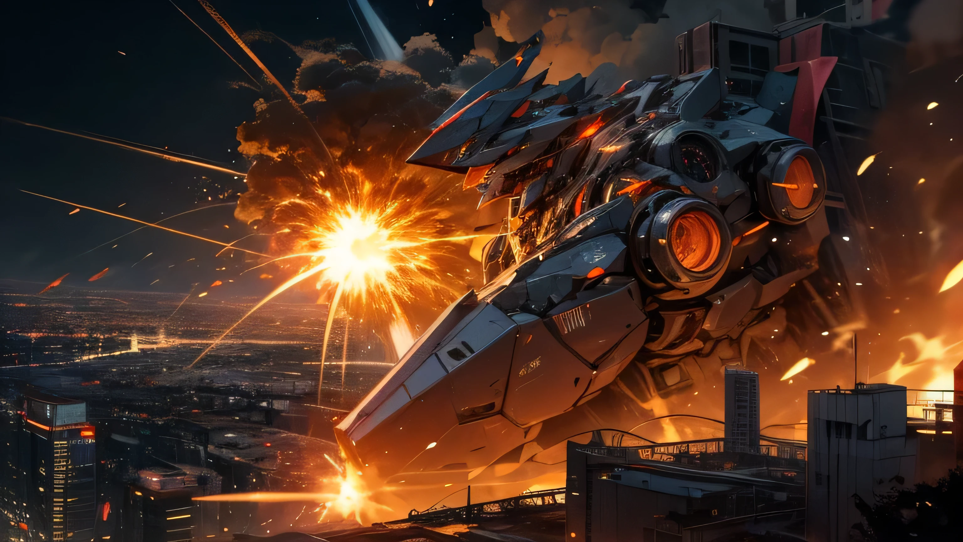 City destroyed by robots, fire, Night view, Evil Robot, explosion