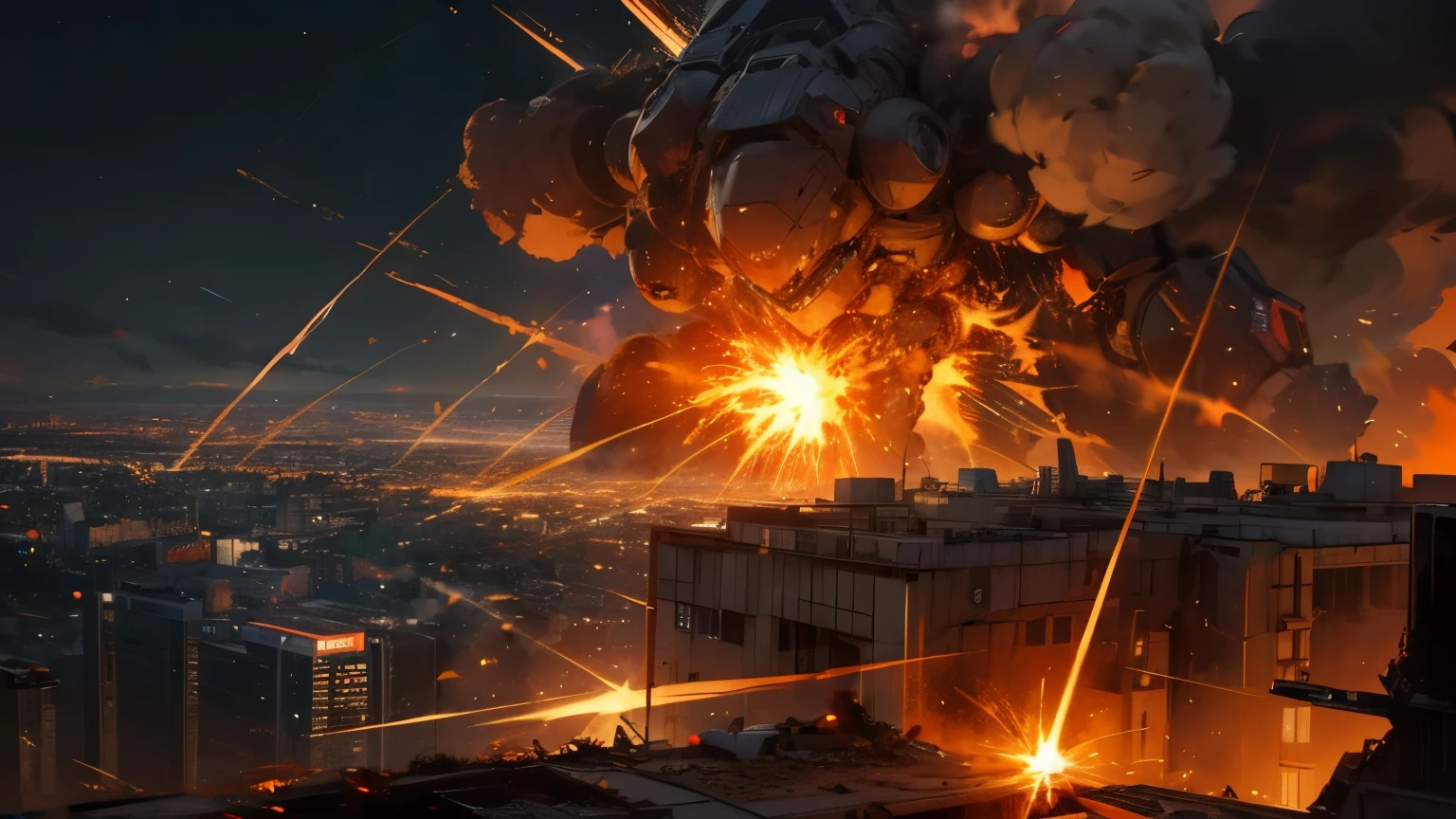 City destroyed by robots, fire, Night view, Evil Robot, explosion