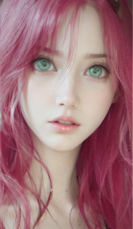 young woman, short shoulder-length pink hair, wide forehead, porcelain skin, pink eyebrows, big emerald green eyes, buttoned nose, full lips, heart-shaped face, slender body, small breasts, red tank top, Sakura Haruno , realistic, realism, details, 3d, well detailed