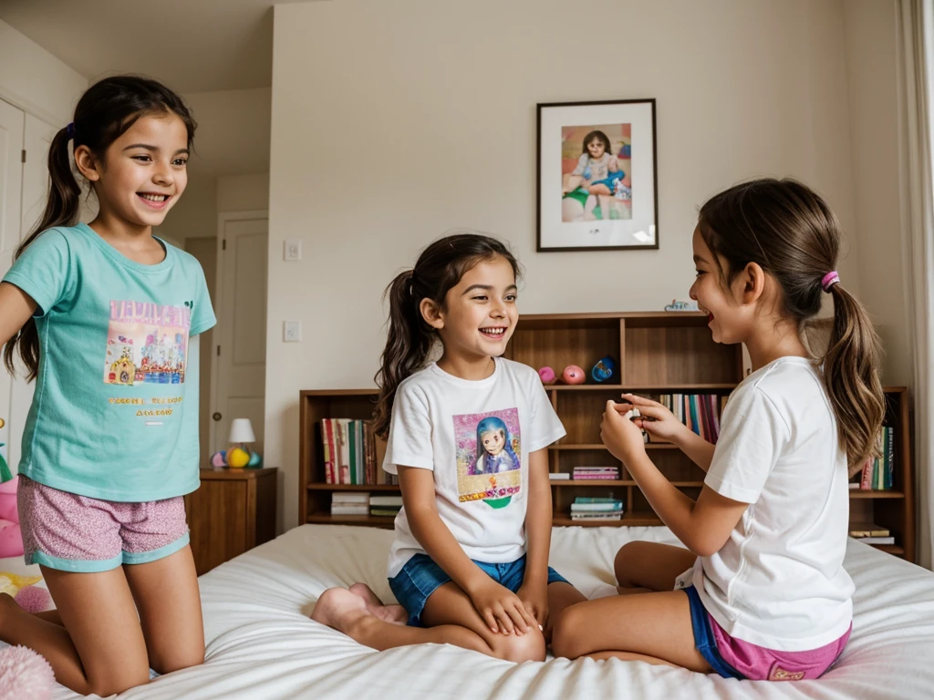Italy. A highly realistic scene of two Italian sisters, one and the other 9 years old, a bed in a cozy, well-lit room. The older sister, dressed in shorts and a t-shirt, sits on the bed, with a joyful expression as she looks directly into the camera, capturing the moment. Her hair is tied loosely and she wears a bright smile. The younger sister, also in shorts and a T-shirt, is in the midst of laughing as she playfully jumps or bounces on the bed, her hair flying in the air. The bed is covered with a soft colorful quilt and a mix of soft toys scattered here and there. The backdrop shows a warm, welcoming room with personal touches like a bookcase with books and toys, some framed photos on the walls, and a window that lets in natural light. The atmosphere is full of fun and sisterly affection, highlighted by the older sister's lively interaction and direct involvement with the camera