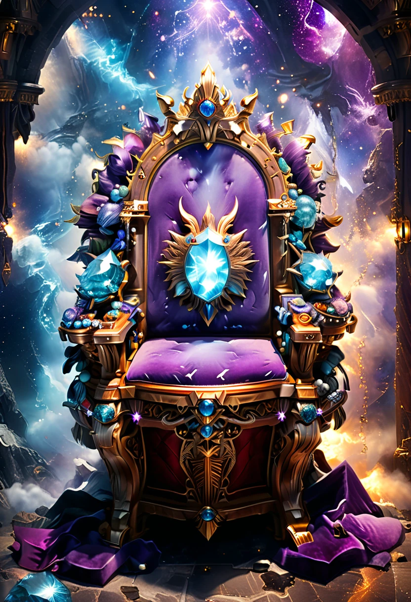a picture of a massive epic throne, it has purple silk cushions, rubies, topaz, aquamarine gemstones artwork, the throne is epic in its majestic, power, and royalty, symmetric with many wood leonine carvings on the handle, a majestic bold eagle head carving on the top of the seat of the throne, there is and gem artwork, behind the throne there are stars and nebulas of space a sense of high royalty, nobility and magic , (masterpiece: 1.4) intense details, highly detailed, photorealistic, best quality, highres,16k, [ultra detailed], masterpiece, best quality, (extremely detailed), close up, ultra wide shot, photorealistic, RAW, fantasy art, dnd art, fantasy art, realistic art,((best quality)), ((masterpiece)), (detailed: 1.5)