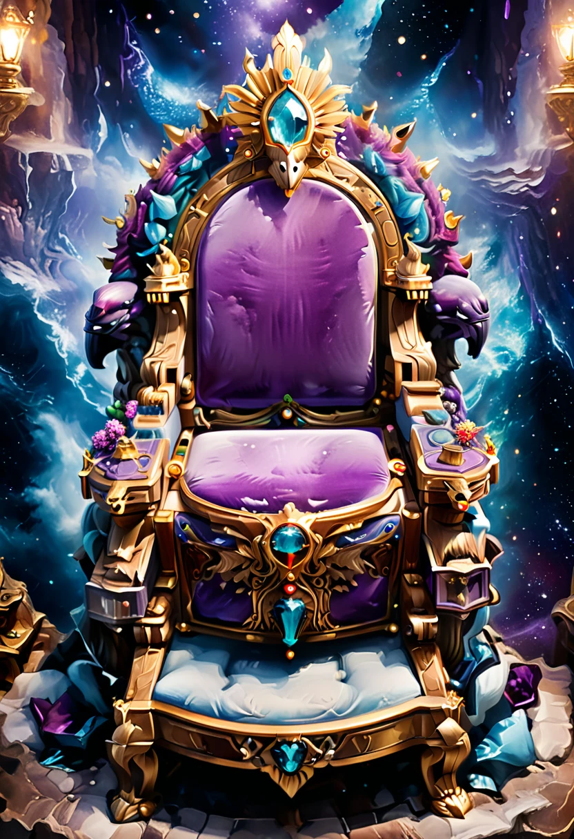 a picture of a massive epic throne, it has purple silk cushions, rubies, topaz, aquamarine gemstones artwork, the throne is epic in its majestic, power, and royalty, symmetric with many wood leonine carvings on the handle, a majestic bold eagle head carving on the top of the seat of the throne, there is and gem artwork, behind the throne there are stars and nebulas of space a sense of high royalty, nobility and magic , (masterpiece: 1.4) intense details, highly detailed, photorealistic, best quality, highres,16k, [ultra detailed], masterpiece, best quality, (extremely detailed), close up, ultra wide shot, photorealistic, RAW, fantasy art, dnd art, fantasy art, realistic art,((best quality)), ((masterpiece)), (detailed: 1.5)