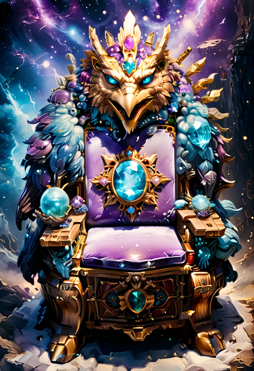 a picture of a massive epic throne, it has purple silk cushions, rubies, topaz, aquamarine gemstones artwork, the throne is epic in its majestic, power, and royalty, symmetric with many wood leonine carvings on the handle, a majestic bold eagle head carving on the top of the seat of the throne, there is and gem artwork, behind the throne there are stars and nebulas of space a sense of high royalty, nobility and magic , (masterpiece: 1.4) intense details, highly detailed, photorealistic, best quality, highres,16k, [ultra detailed], masterpiece, best quality, (extremely detailed), close up, ultra wide shot, photorealistic, RAW, fantasy art, dnd art, fantasy art, realistic art,((best quality)), ((masterpiece)), (detailed: 1.5)