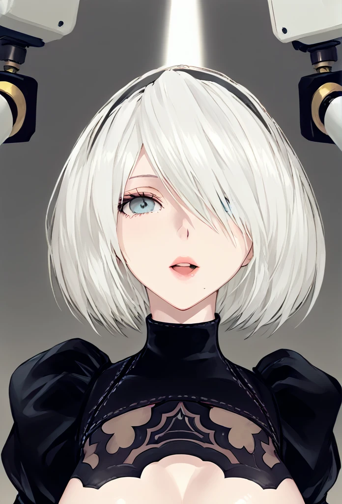 yorha 2B, Nier automata, (black visor, yorha visor), mature woman, white hair, mature body, looking up at viewer, front view, kabedon