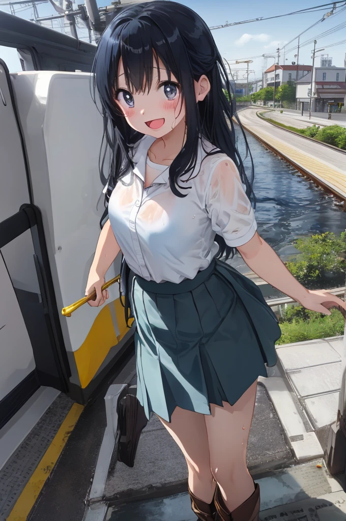 Masterpiece, best quality, official art, 8k wallpaper, very detailed, illustration, 1girl, grinning, black hair with blue highlights, light blue highlights in hair, blue highlights, wide hips, (huge breasts), sailor top, backpack, standing, (view from behind), bratty, inside train, bratty girl, teasing, (by asanagi), underboob, upskirt view, skirt, ((pussy juice)), (sweat), blush, detailed pussy, anus,