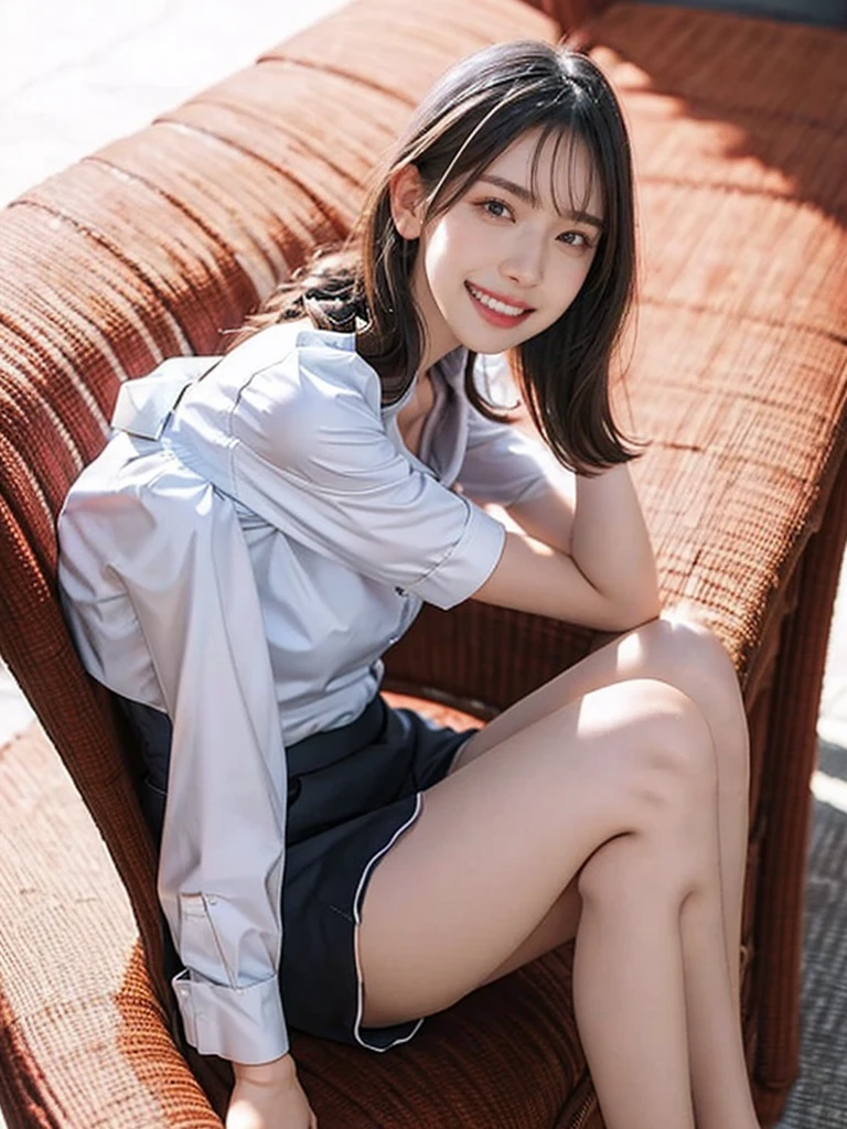 raw photo, 1girl, cute face, beautiful face, medium breast, collared blouse, White blouse, light smile, detailed skin, simple background, Above the knee, sit on a chair, photorealistic, masterpiece, best quality, anatomically correct