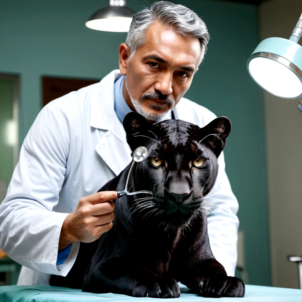 a sixty years man, Indonesian face, veterinarian, facing camera, black-silver hair, short haircut, fashion hair cut, white robe, using a stethoscope to examine a panther in a surgery table, the panther unconscious, the panther laying head down, fantastic photoshot, dramatic angle, extremely detailed, uhd, 8k, dramatic light, blurry background