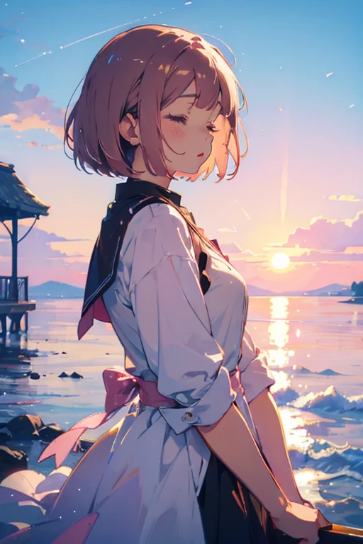 Lovely, half-closed eyes of a young woman with bob-cut hair, from very side view, pastel, pink, blue, sunset
brown hair, anime style