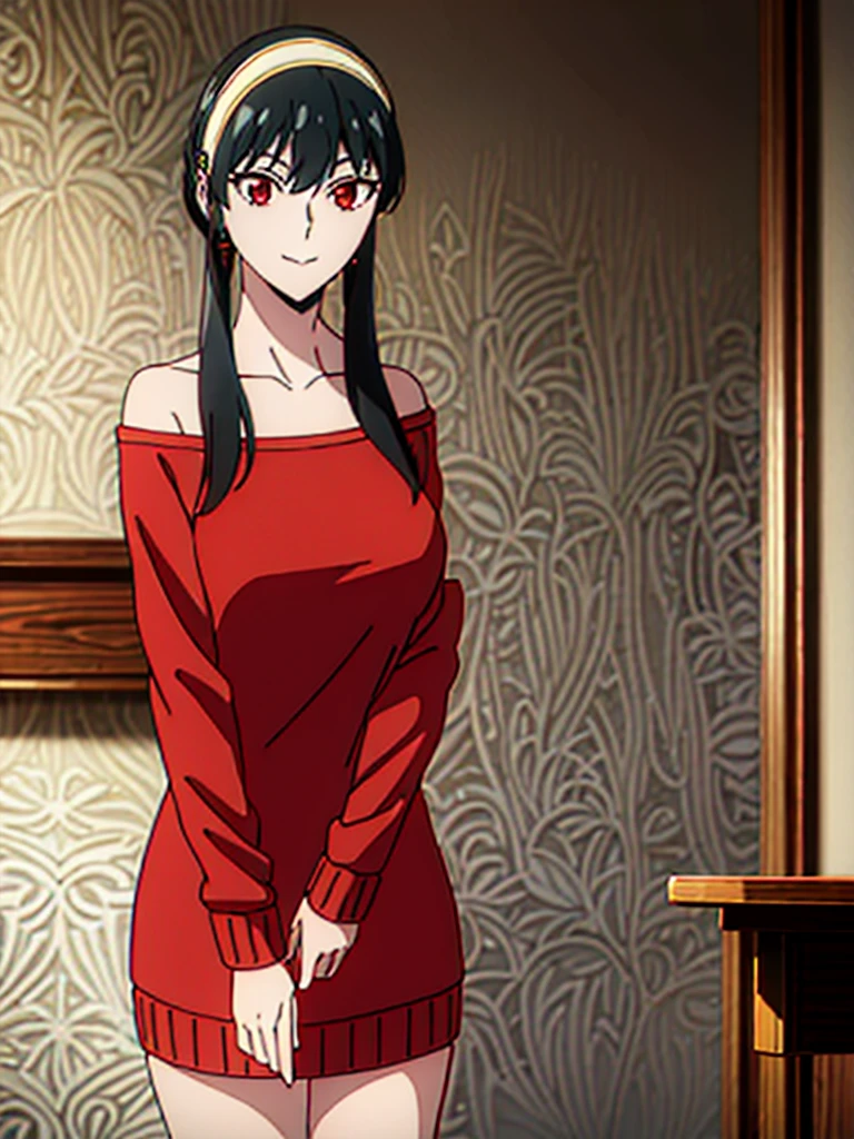 yorbriar, yor briar, black hair, (red eyes:1.5), earrings, gold hairband, hairband, long hair, sidelocks, (big breasts:1.2), smile, BREAK bare shoulders, collarbone, dress, long sleeves, off shoulder, off-shoulder dress, off-shoulder sweater, pantyhose, red sweater, sweater, sweater dress, thighs, BREAK indoors,
BREAK looking at viewer, (cowboy shot:1.5),
BREAK (masterpiece:1.2), best quality, high resolution, unity 8k wallpaper, (illustration:0.8), (beautiful detailed eyes:1.6), extremely detailed face, perfect lighting, extremely detailed CG, (perfect hands, perfect anatomy),