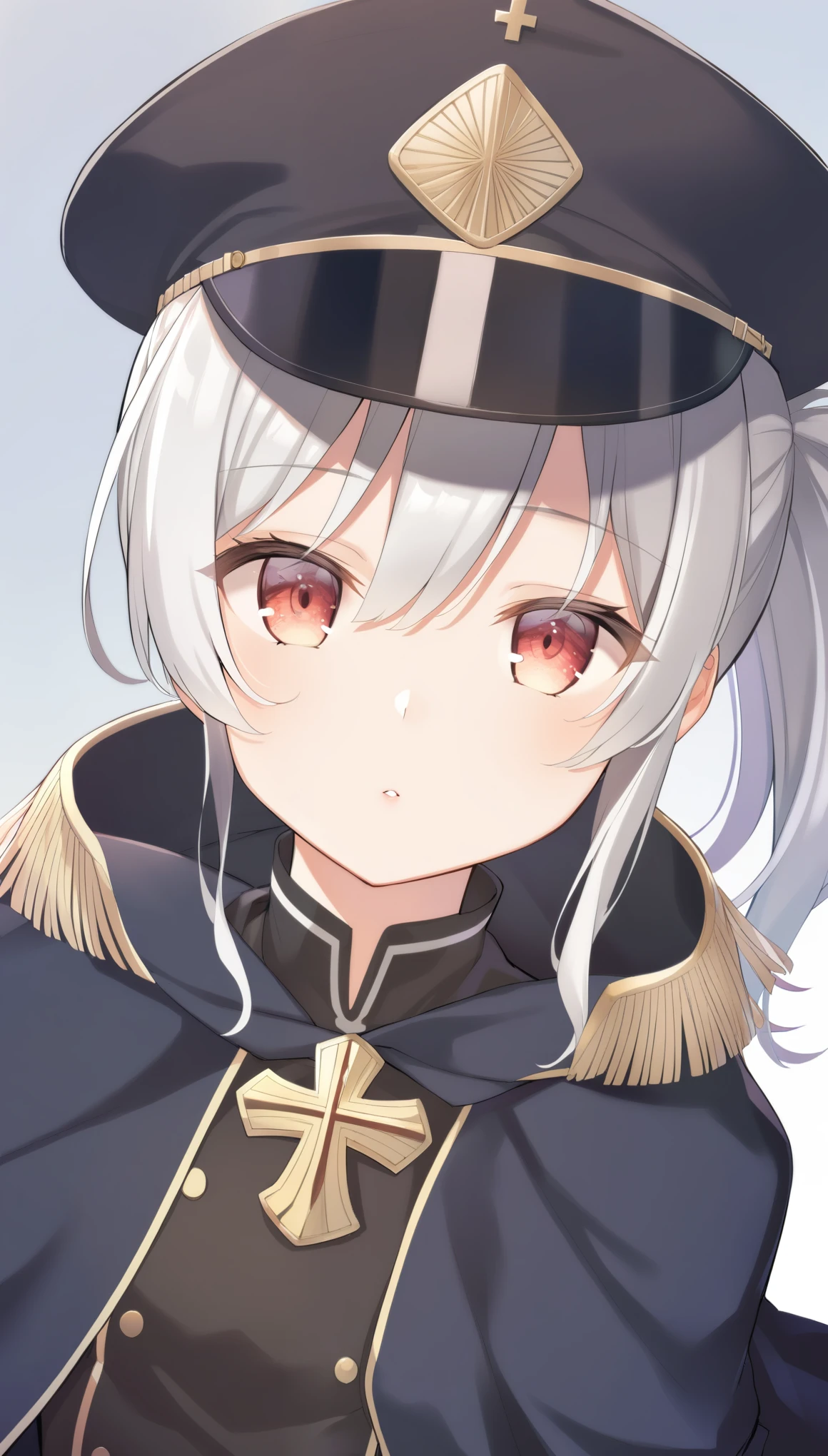 1 Girl, , Long hair,, Silver hair, , Red eyes, front, Head up and cross waist, Military cap, shawl, Handsome, portrait, Upper Body，