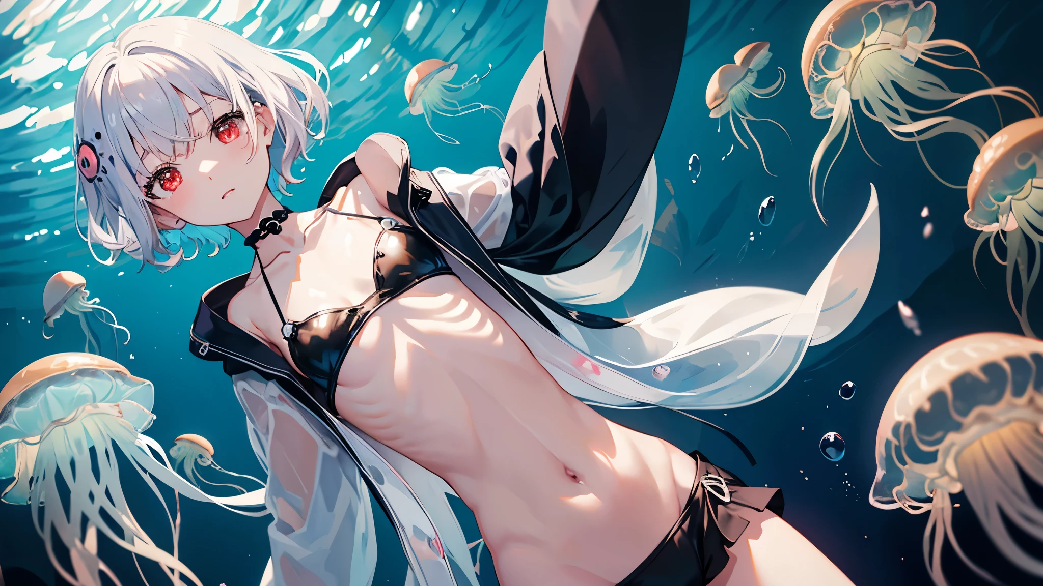 anime, cute女の子,Flat Chest,cute,(Jellyfish Girl:1.2), Red eyes, Put your arms behind your back,Underwater, White Crisscross Halter Camisole, Black jacket, Black shorts, Silver Hair, Very short hair, {{blue highlights in hair}}