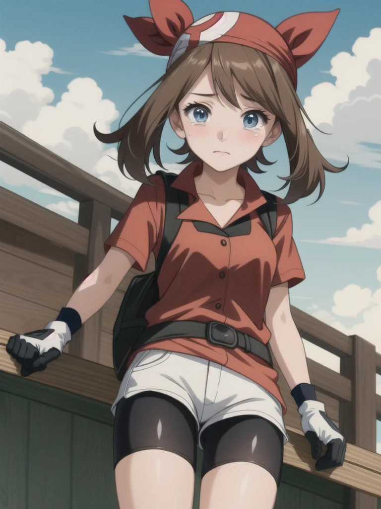 Anime-style illustrations, (masterpiece, Highest quality),  Intricate details,
One girl,     May, shirt, bike Shorts, bandana, red shirt, hair band, Medium Hair, gloves, Shorts, bow hair band, No sleeve, red bandana
 headpat  Breaky,Break,sad,sorrow,Are crying,