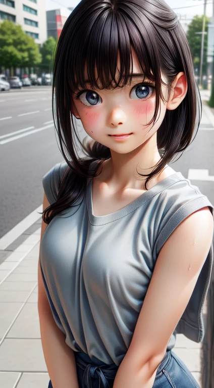 High resolution, Highest quality, super high quality, Very detailed, 8K、Embarrassing、Sweaty、Sweat、Embarrassing、(masterpiece:1.2, Highest quality), (Realistic, photoRealistic:1.4), Beautiful illustrations, (Natural Side Lighting, Cinema Lighting), View your audience, whole body, 1 Girl, Japanese, high school girl, Perfect Face, Cute and symmetrical face, Shiny skin, Baby Face, (,Black Hair)black eye, Big eyes, Droopy eyes, (Center of chest, Captivating thighs, Big Ass)