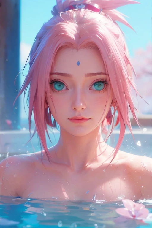 young woman, short shoulder-length pink hair, wide forehead, porcelain skin, pink eyebrows, big emerald green eyes, buttoned nose, full lips, heart-shaped face, slender body, small breasts, red tank top, Sakura Haruno , realistic, realism, details, 3d, well detailed