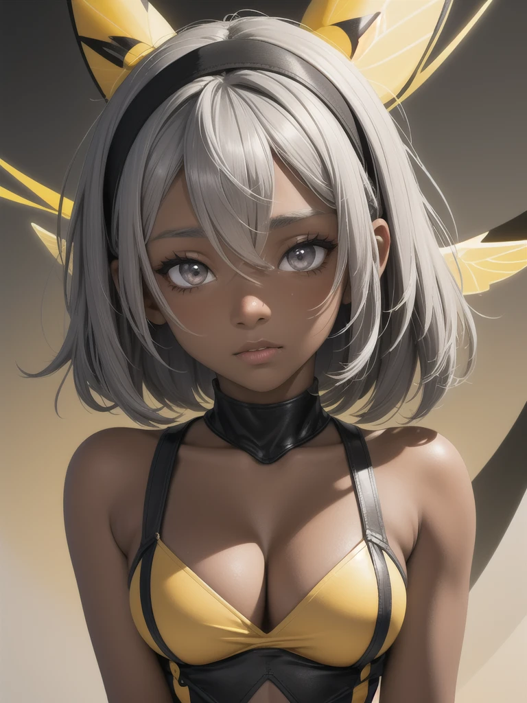 (masterpiece, Highest quality), One girl, Bee Pokemon, Black hair band, Dark skinned women,Hair between the eyes, Grey Hair, short hair,Grey Eyes,Large Breasts