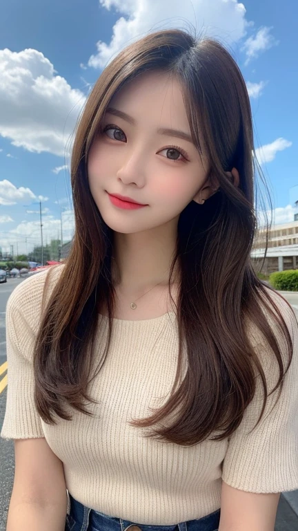 Tabletop, Highest quality, shape, Very detailed, finely, High resolution, 8k wallpaper, 完璧なダイナミックな構shape, Beautiful and exquisite, Nice spring clothes,Beautiful straight hair,Small breasts,Natural color lip, 20-year-old girl、cute、Always blur the background,Perfect and beautiful face,Beautiful and dense face、Slim face and figure,Big eyes、Putting on gal makeup,Actual Photos(Best image quality)、Sexy Face、Fashion model posing、Full Body Shot、smile、Change pose randomly、Randomly change the shooting angle and position、Summer Fashion、Look up at the sky