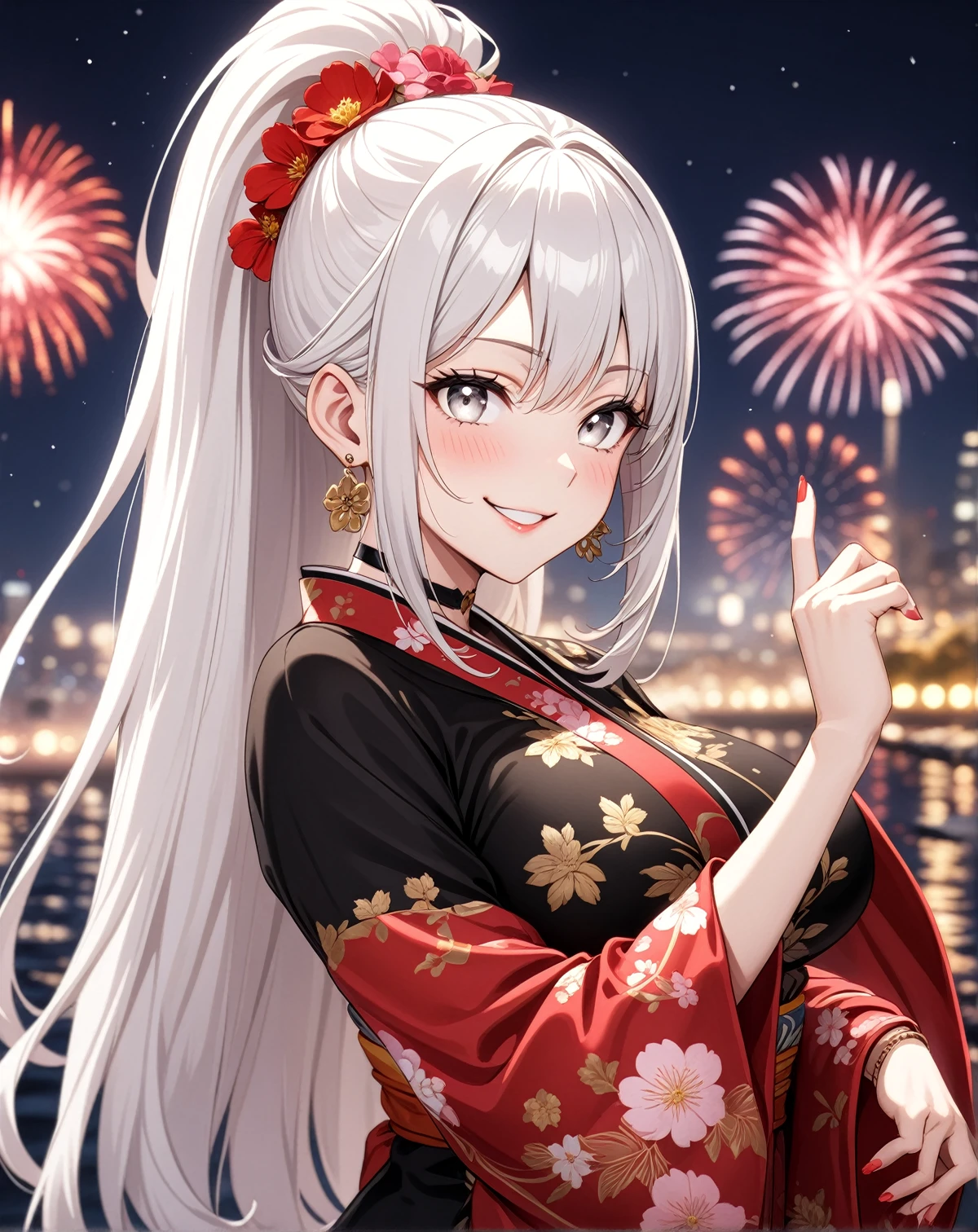 ((Two Women)), Beautiful Face, (Laughing embarrassedly), ((smirk)), ((Wink:1.8)),  ((clothed sex:1.3)), Laugh with your mouth wide open,((Bright red cheeks:1.4)),Shiny red lips, night,横浜のnight景,You can see the ocean, firework,Glossy pink lips,Facial lighting,((Anime style background)),masterpiece, Highest quality, so beautiful,up to date, Complex details, (4fingers and 1thumbs), (Pink long nails), (ring),(bracelet),(choker),AI-generated, Complex,High resolution, Highest quality, super high quality,3D Images、3D Images,One person,Long white hair in a high ponytail, ((Fine grain、Silvery white eyes、Shining Eyes:1.4)), (Squint your eyes:1.1), Long blonde hair in a high ponytail, Anime woman posing for a photo, a hyperRealistic , hyperRealistic , Realistic,Anime woman with long white hair, Smooth anime CG art, A woman in a colorful kimono with gold embroidery, (Black long sleeve kimono),(Pink long sleeve kimono), Red floral pattern,Long flower hair ornament,Earrings,Mature Body,(Big Breasts:1.1),Tall,Abdominal muscles,Narrow waist,(Zoom in on face), 