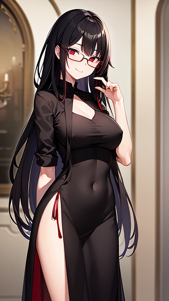 (Masterpiece), (best quality), 20 year old girl, long black red hair, red eyes, solid round eyes, smile softly, shadow, 8K, Awesome details, precise, best quality, UHD, textured skin, Black glasses, Sexy long black evening dress, Wearing a black commander&#39;s helmet with a cross symbol, he stood. 