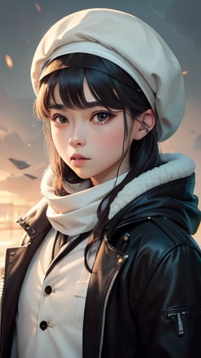 He wore a white beret loosely wrapped around his head like a turban., The beret fits perfectly over the helmet.、The beret has a puffy tip like a normal hood and hangs down behind the head..、