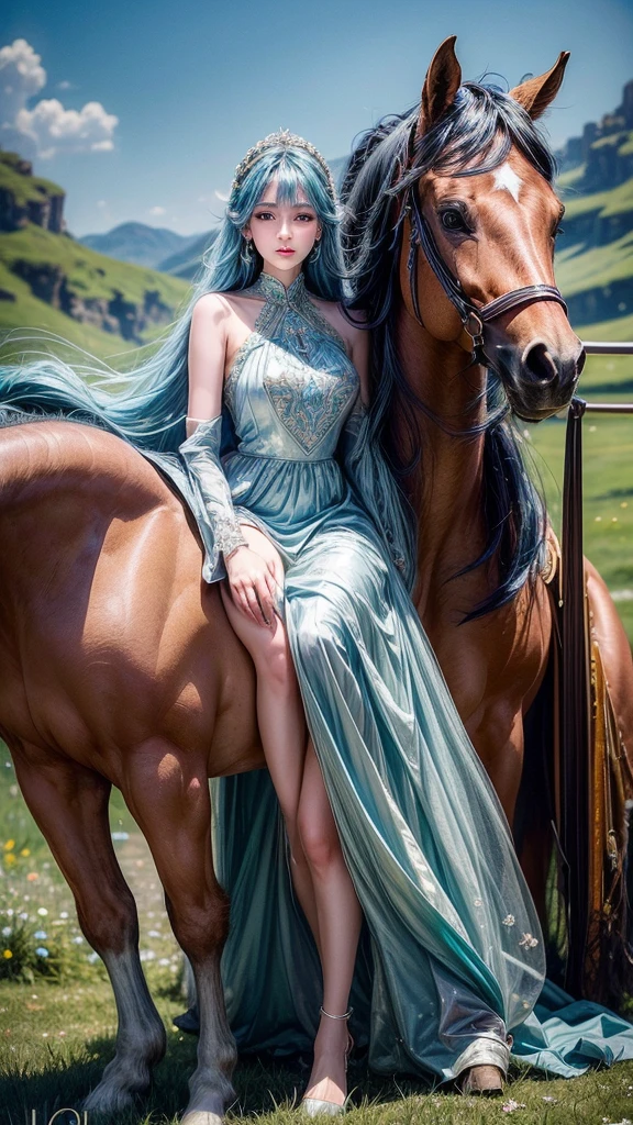((masterpiece, best quality)),(illustration),(detailedLight),((Extremely exquisite and beautiful)),1 Girl,Godolphin Arabian Horse,long hair,blue hair,Green Eyes,Horse Ears,Horse girl,hair_Decorations,White Dress, Bare shoulders, ,sleeveless,evening dress,Long skirt,outdoor, Light,Blue sky, horizon, grassland, wilderness