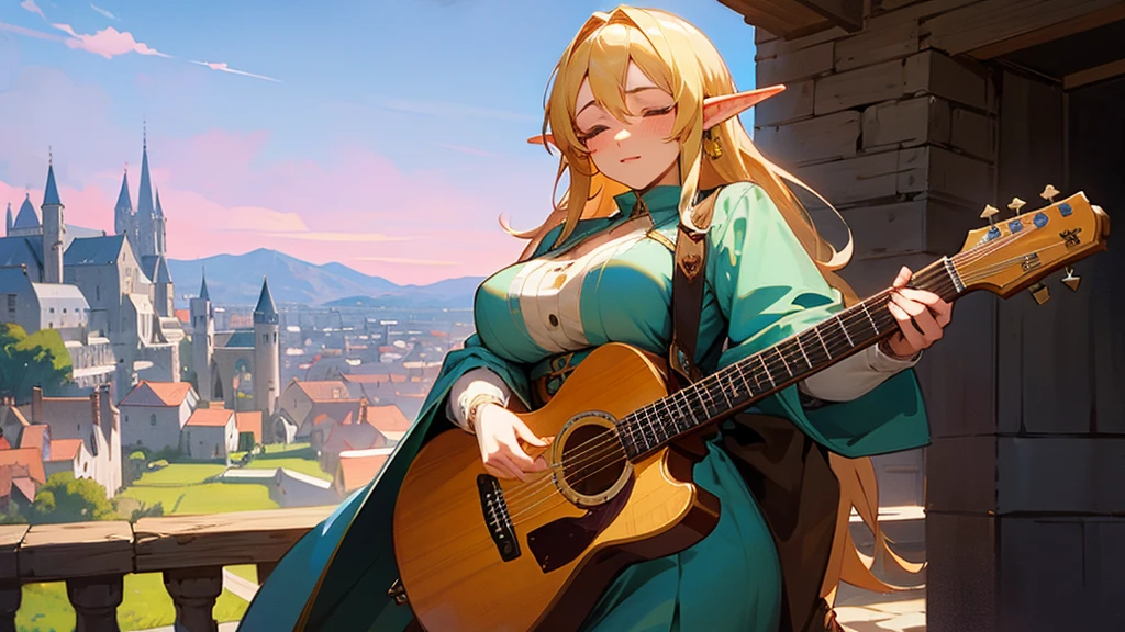 Anime Style,Nostalgic,Detailed background,The medieval world,A lively bar with lots of people,Beautiful sky,Beautiful bard elf girl with closed eyes,guitar,Large Breasts