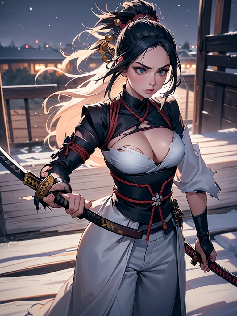 a female samurai, beautiful detailed eyes, beautiful detailed lips, extremely detailed face, long eyelashes,hyper realistic lighting,(super detailed:1.3),((best quality:1.2)),((masterpiece:1.2)),female focus,lonely beauty,(nighttime:1.6),(standing in a medieval europe castletown),cowboy shot,cleavage,((chest shibari:1.125)),topknot,muted dark blue hair:1.1,(white samurai coat),(black samurai pants:1.3),(angry:1.05),(wearing one sleeve),(torn sleeve:1.45),(katana sword on hip:1.06),(torn clothing)