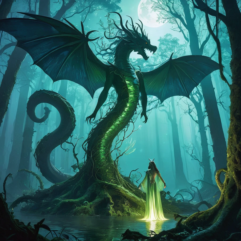 In the depths of the ancient Shadowwood Forest, and the air is thick with enchantment, dwells an enigmatic being known as Seraphina. Half serpent, half human, Seraphina navigates the tangled undergrowth with a grace that belies her eerie appearance—her lower body coils sinuously on the forest floor while her upper body, adorned with scales that shimmer like moonlight, rises to meet the canopy's shadows.