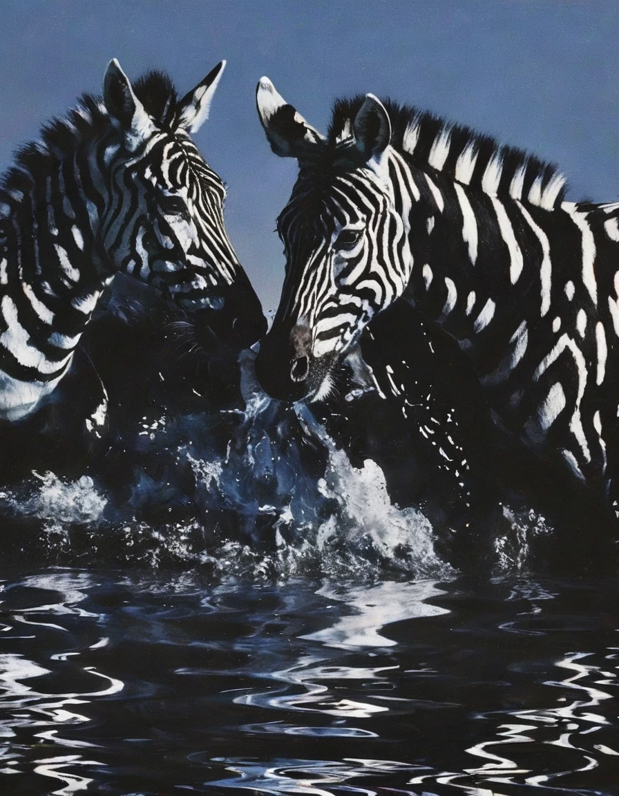 zebras kissing in black water, sunset background