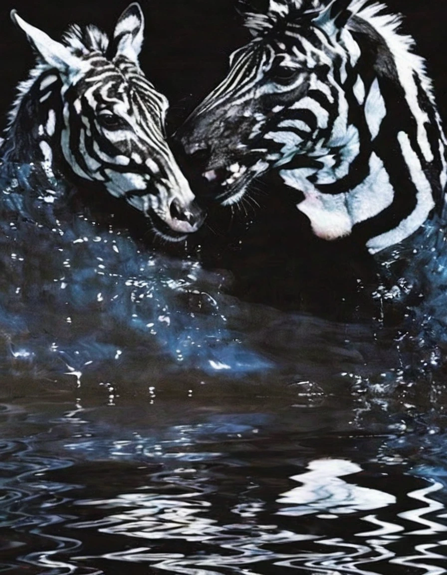 zebras kissing in black water, sunset background