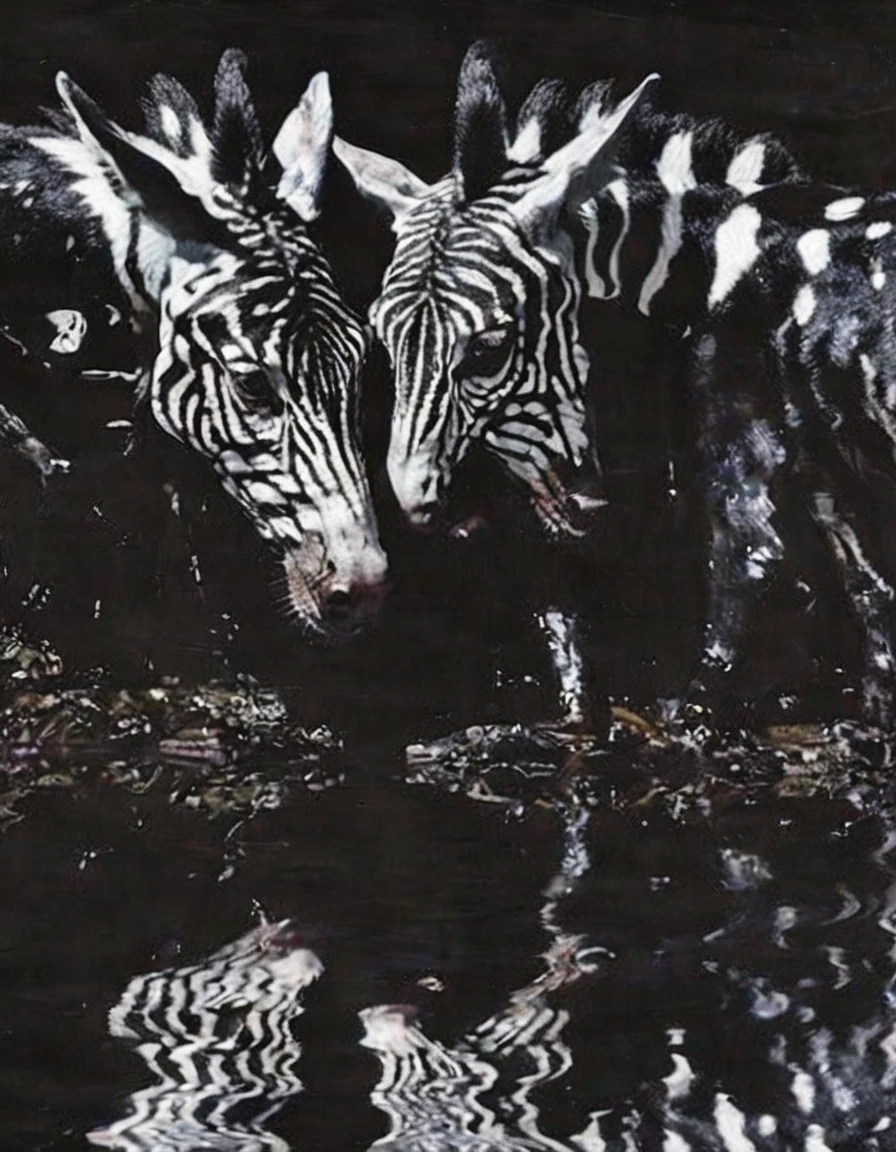 zebras kissing in black water, sunset background