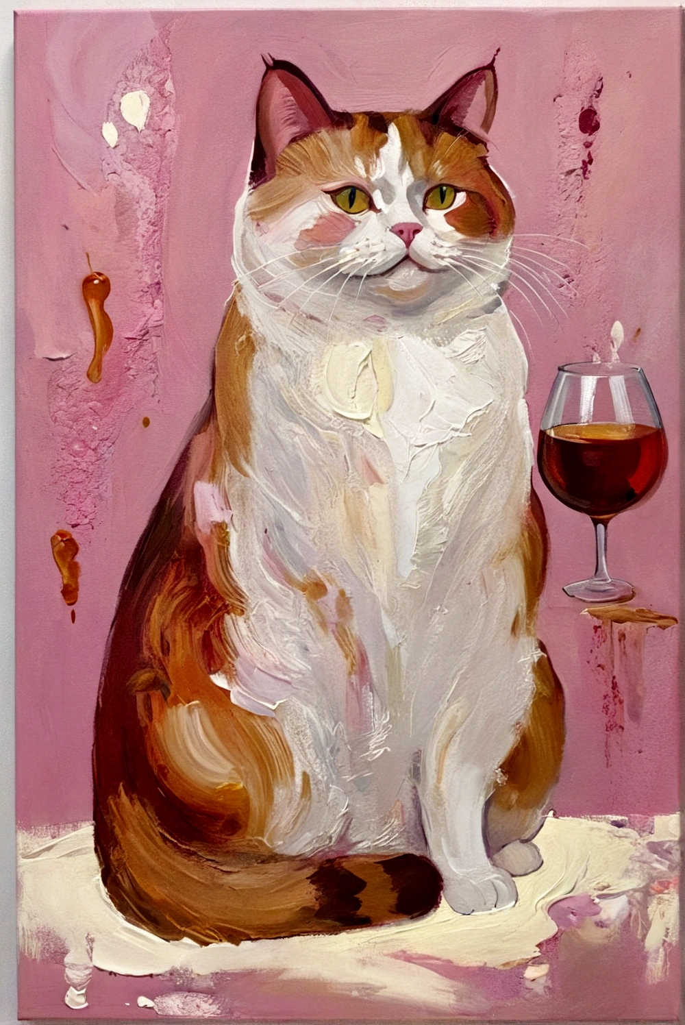 Fat Cat，whole body，bright，pink，White background，vanilla，cream，whiskey，Abstract Art，emotion，emotion，Thick Texture Paint, 
