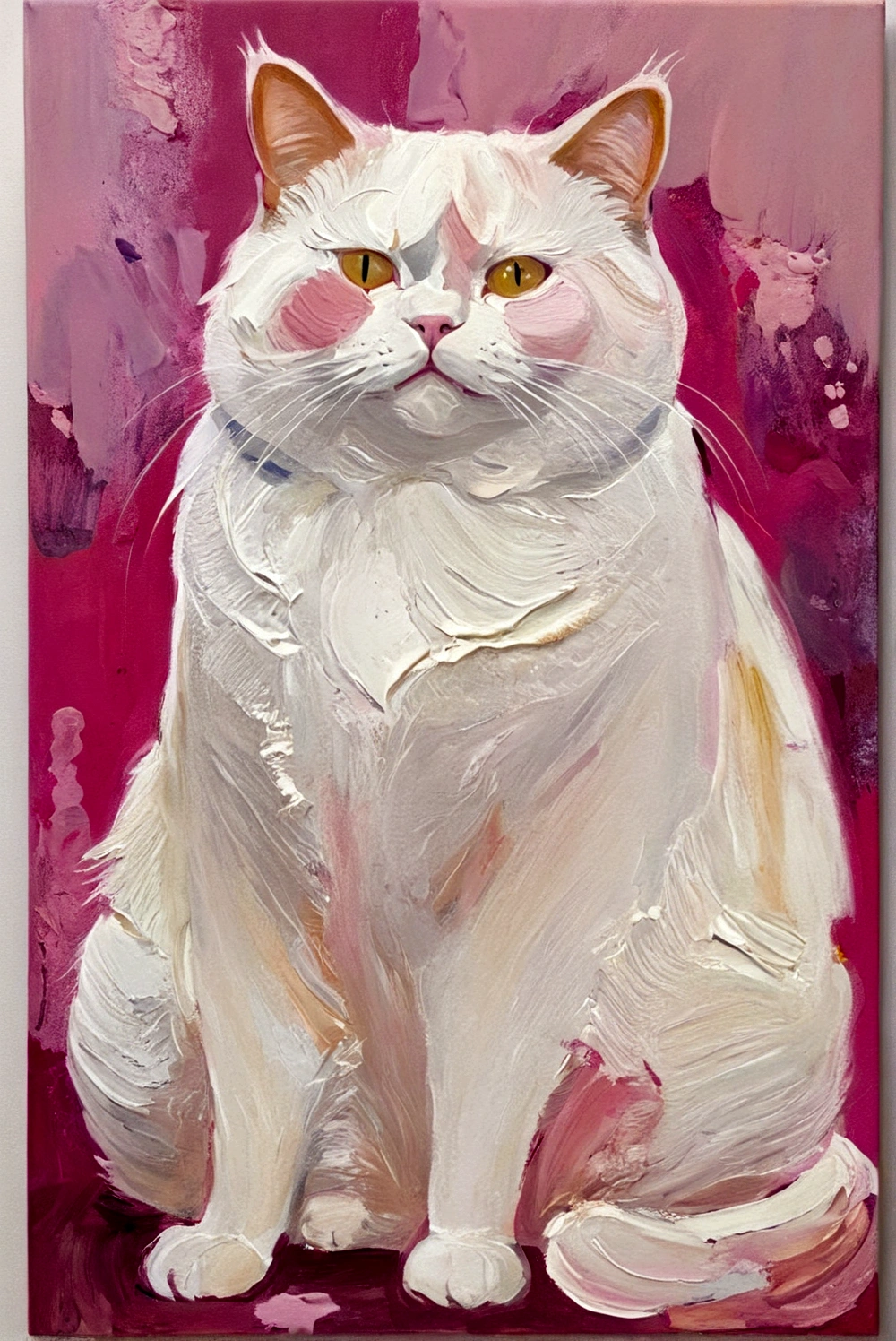 Fat Cat,whole body,bright,pink,White background,vanilla,cream,whiskey,Abstract Art,emotion,emotion,Thick Texture Paint,