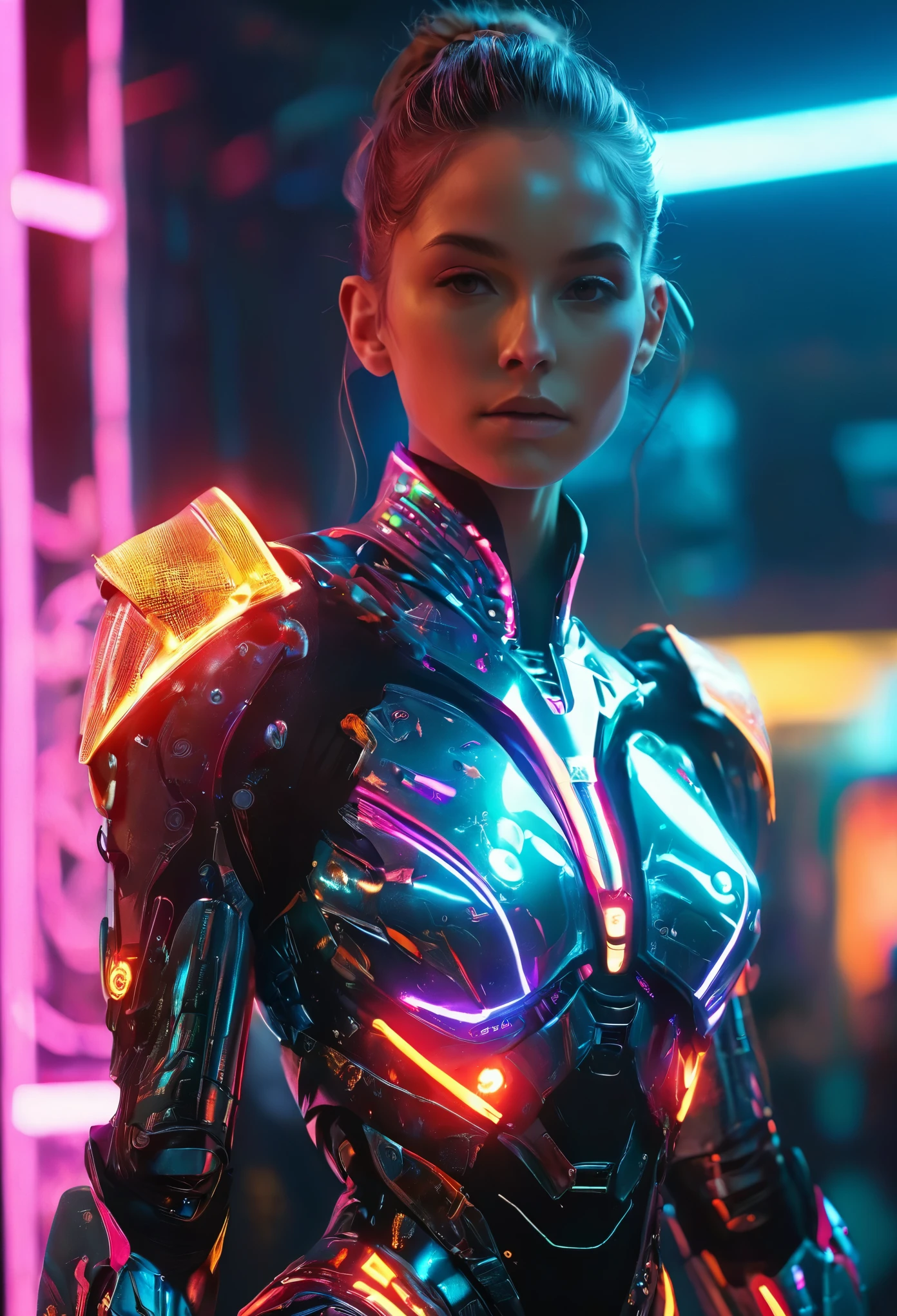 a beautiful detailed androgynous cyborg dancer, intricate futuristic costume, dramatic pose, glowing neon lights, cinematic lighting, highly detailed, 8k, photorealistic, award winning digital art