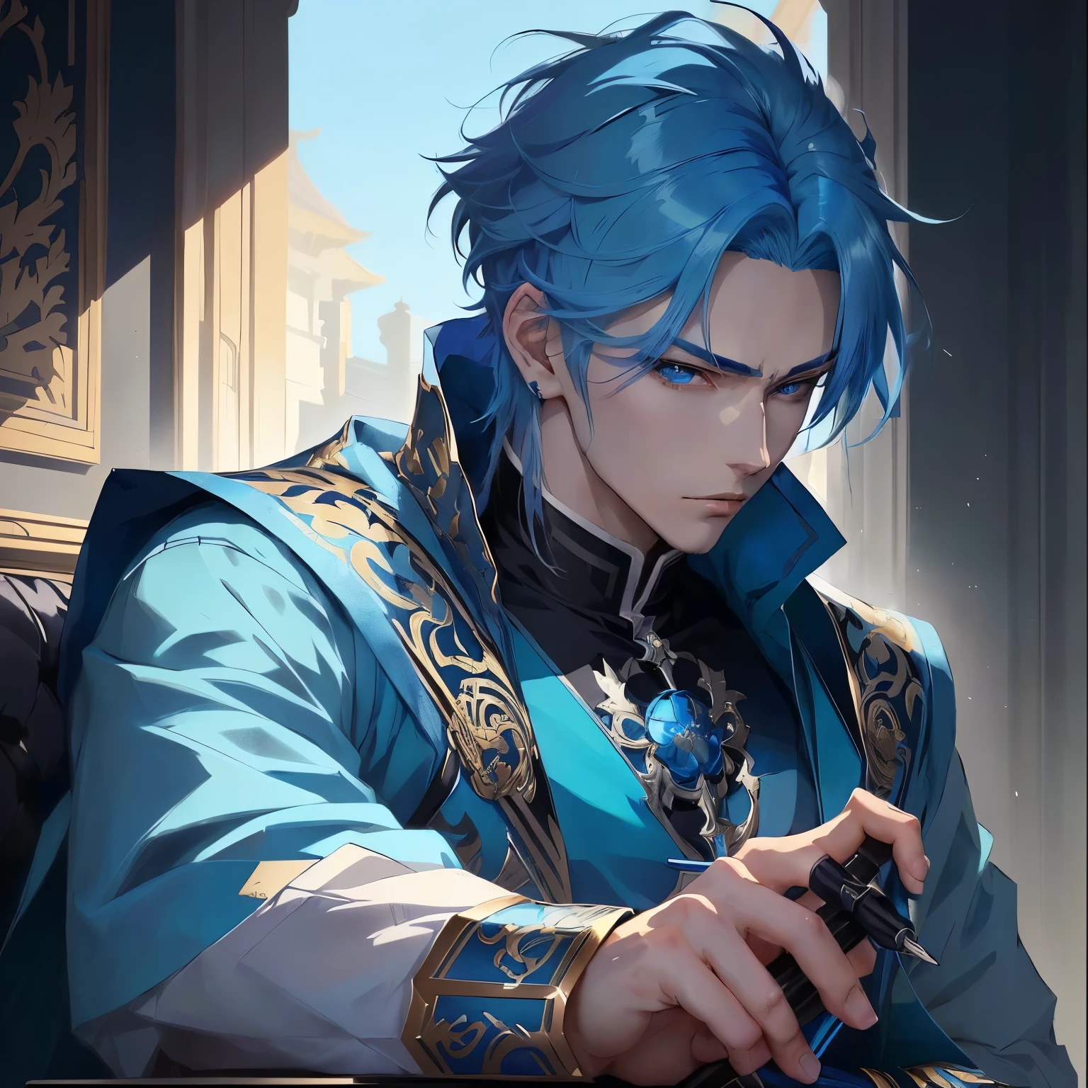 anime character with blue hair and blue eyes, holding a pen, handsome guy in demon slayer art, beautiful androgynous prince, delicate androgynous prince, anime handsome man, handsome anime pose, male anime character, keqing from genshin impact, handsome prince, artwork in the style of guweiz, high quality anime artstyle, azure. detailed hair