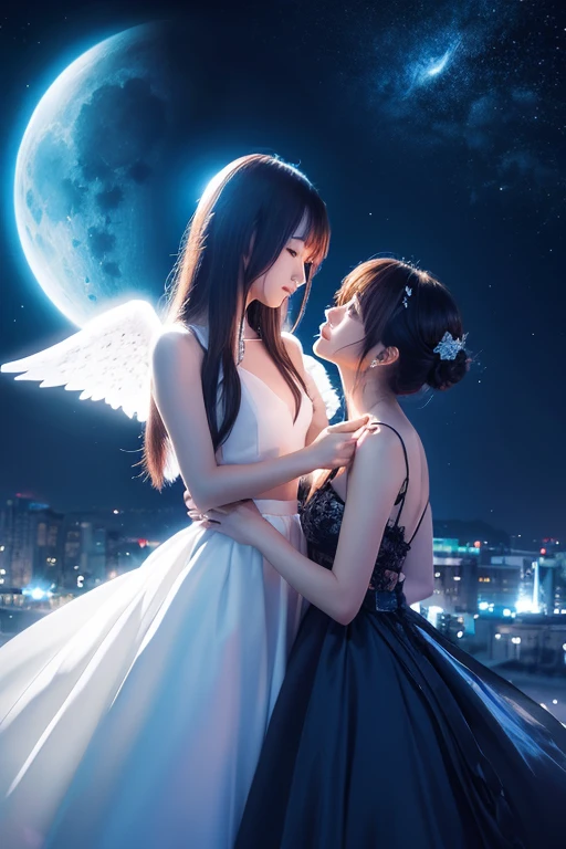 Angel　Anime Style　2 people　mysterious　beautiful　Night Sky　moon