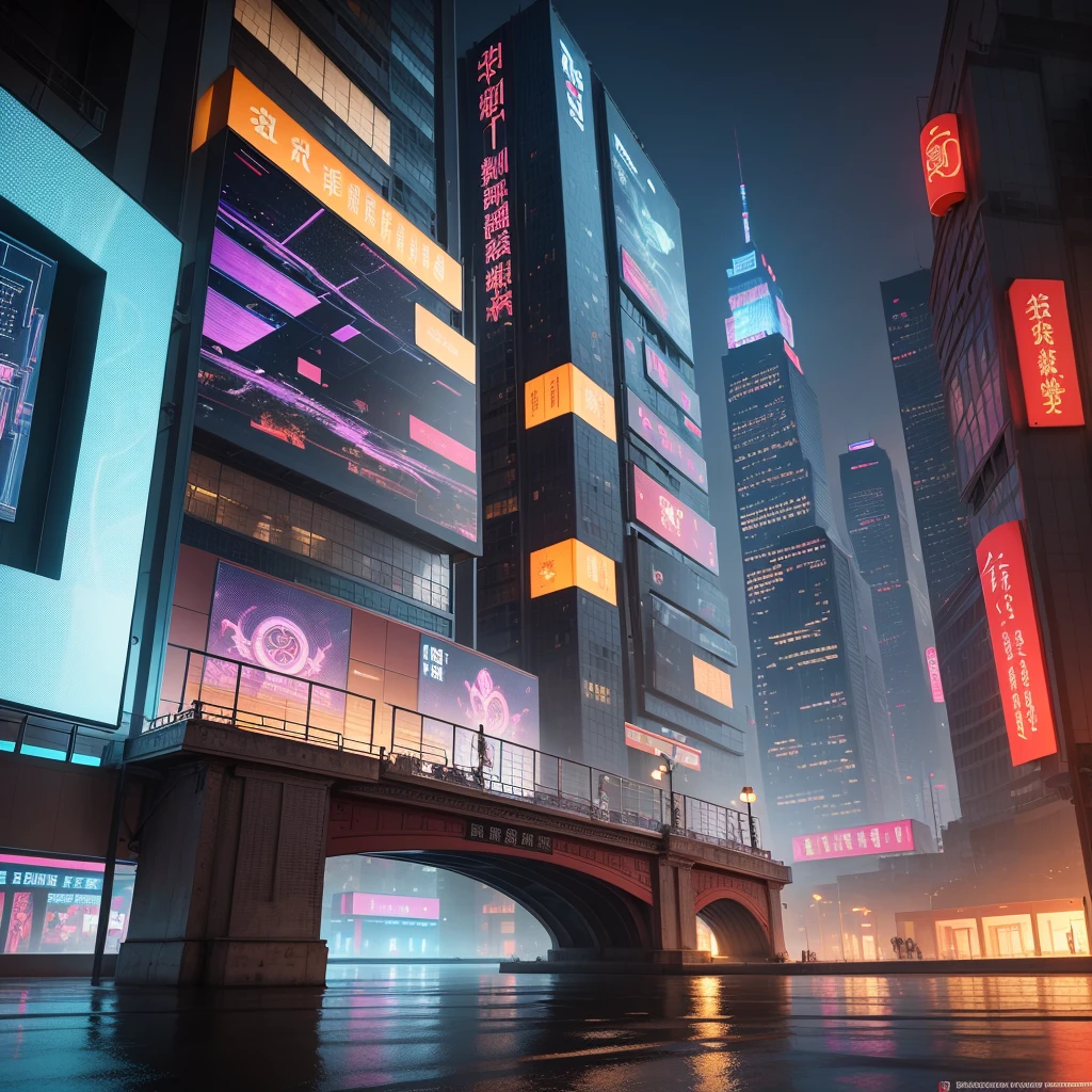 (Best quality,4K,8K,A high resolution,Masterpiece:1.2),Ultra-detailed,(Realistic,Photorealistic,photo-realistic:1.37),(Wide-angle lens),hdr,hyper HD,Ultra-fine painting,Sharp focus,Physically-based rendering,Extreme detail description,professional,Vivid colors,(A city where traditional Chinese elements and futuristic technological architecture are harmoniously integrated),Traditional Chinese symbols integrated into modern architecture,holographic projections,Traditional Chinese patterns,Innovative energy,Giant LED screens blend into the cityscape,Innovative transport systems,Cyberpunk elements blend seamlessly into the cityscape,High-tech large-scale art installation,A fusion of ancient tradition and cutting-edge technology,