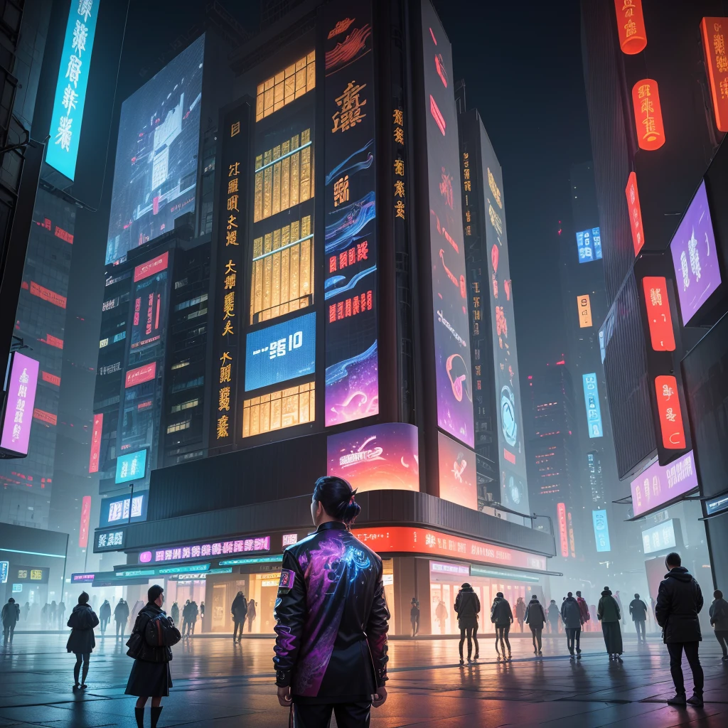 (Best quality,4K,8K,A high resolution,Masterpiece:1.2),Ultra-detailed,(Realistic,Photorealistic,photo-realistic:1.37),(Wide-angle lens),hdr,hyper HD,Ultra-fine painting,Sharp focus,Physically-based rendering,Extreme detail description,professional,Vivid colors,(A city where traditional Chinese elements and futuristic technological architecture are harmoniously integrated),Traditional Chinese symbols integrated into modern architecture,holographic projections,Traditional Chinese patterns,Innovative energy,Giant LED screens blend into the cityscape,Innovative transport systems,Cyberpunk elements blend seamlessly into the cityscape,High-tech large-scale art installation,A fusion of ancient tradition and cutting-edge technology,