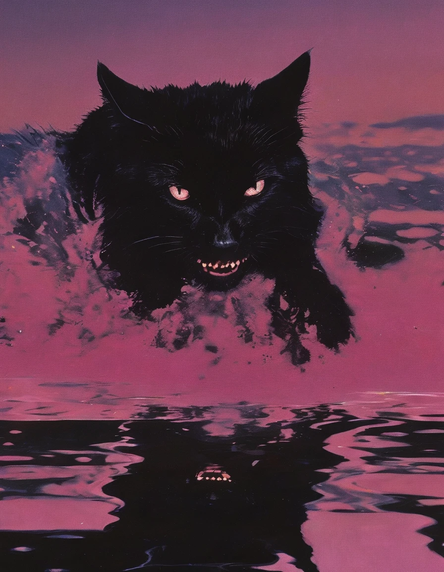 cat in water, red sunset background
