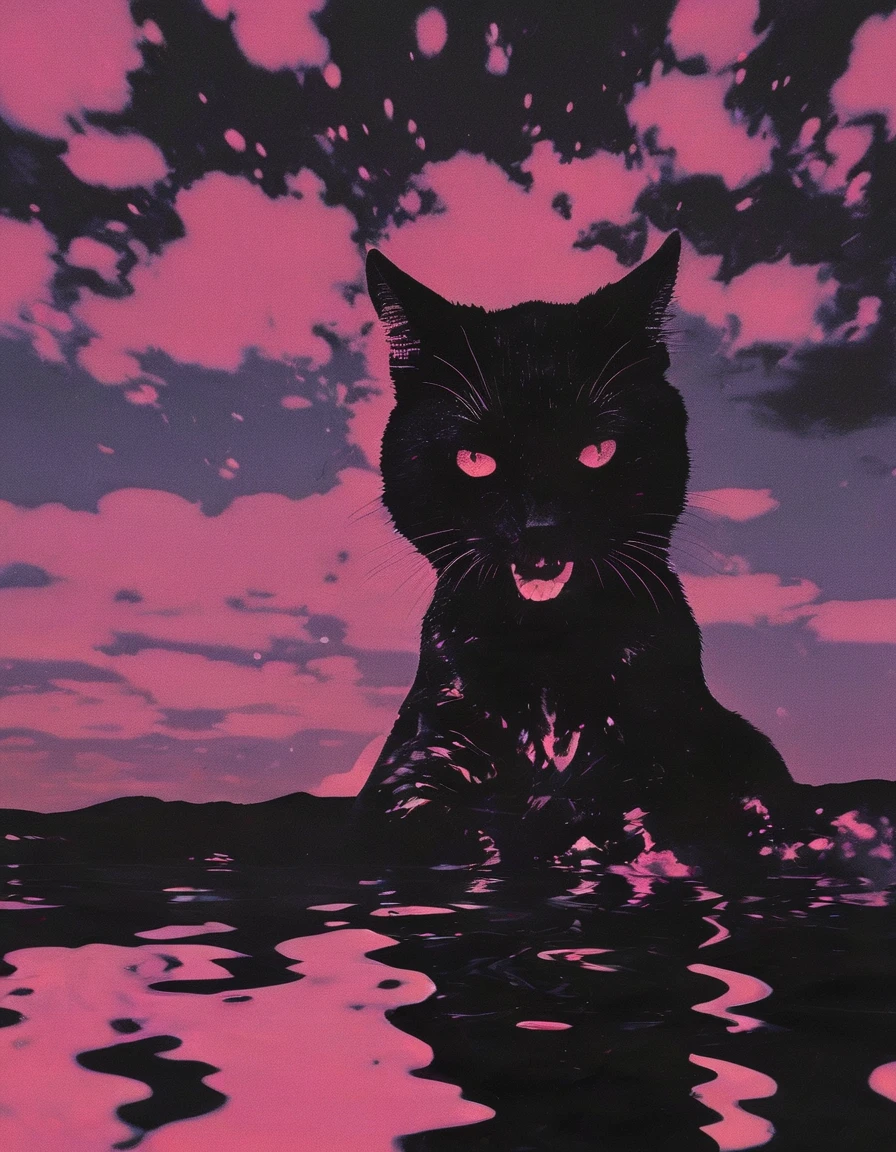 black cat  in black water, pink sunset background