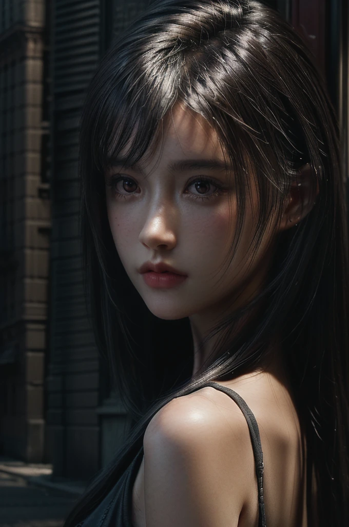 1girl, (looking at viewer:1.2), detail face,  (a girl standing, rending on cgsociety, black shadows, streaming, new york backdrop), romanticism, atmospheric, (RAW photo, best quality), (realistic, photo-realistic:1.3), masterpiece, an extremely delicate and beautiful, extremely detailed,