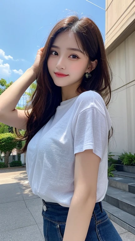 Tabletop, Highest quality, shape, Very detailed, finely, High resolution, 8k wallpaper, 完璧なダイナミックな構shape, Beautiful and exquisite, Nice spring clothes,Beautiful straight hair,Small breasts,Natural color lip, 20-year-old girl、cute、Always blur the background,Perfect and beautiful face,Beautiful and dense face、Slim face and figure,Big eyes、Putting on gal makeup,Actual Photos(Best image quality)、Sexy Face、Fashion model posing、Full Body Shot、smile、Change pose randomly、Randomly change the shooting angle and position、Summer Fashion、Look up at the sky